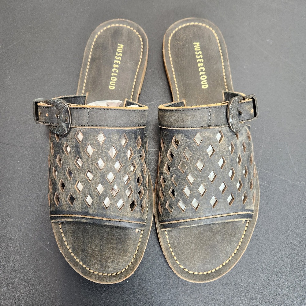 Musse & Cloud Brown Leather Perforated Western Eagle Buckle Slide Sandals Size 8